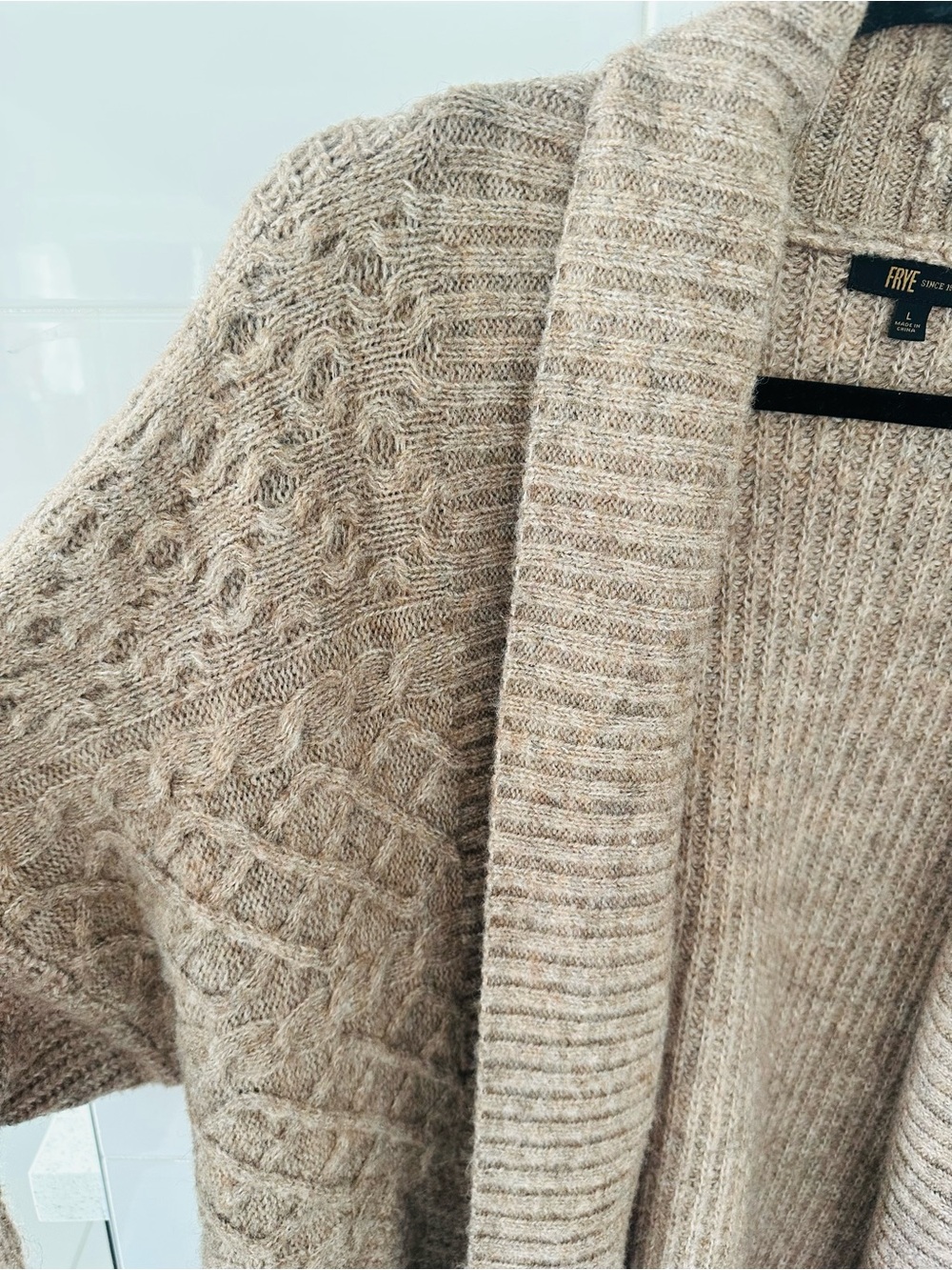 Frye Taupe Beige Cable-Knit Shawl Collar Relaxed Fit Oversized Cardigan/ Shacket - Picture 7 of 7